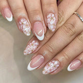24Pcs Blush Pink False Nails White Flower Printed Short Round Head Press on Nails Sweet French Style Charms Manicure for Women
